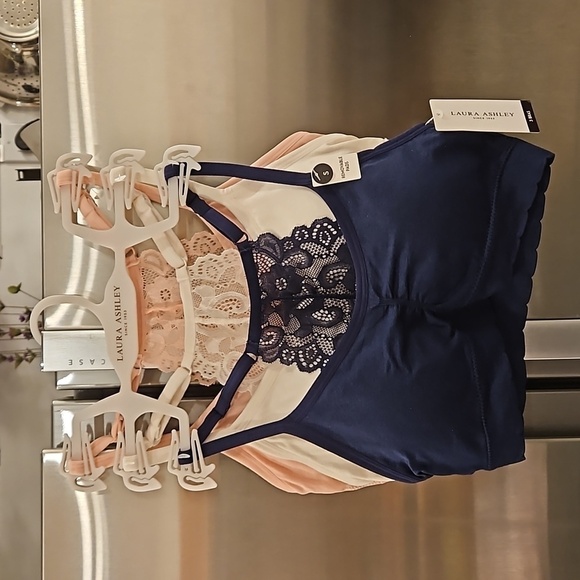 💕LAURA ASHLEY Padded Lace Back Bralettes (3 Pk) Navy Blue Pink White Small NWT - Picture 1 of 15
